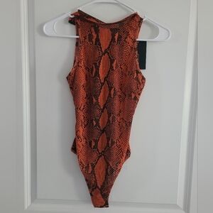 Fashion Nova Rust Orange and Black Snakeskin Bodysuit